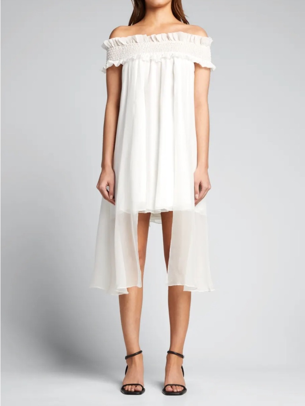 Caroline Costas Off-Shoulder White High-Low Dress